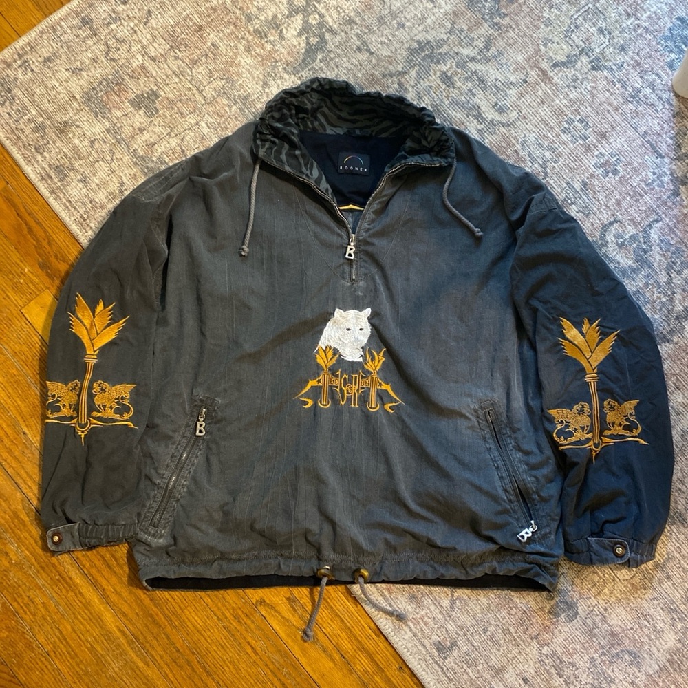 Vintage Bogner (Siegfried and Roy) Gray Jacket with white Wolf & Gold Accents